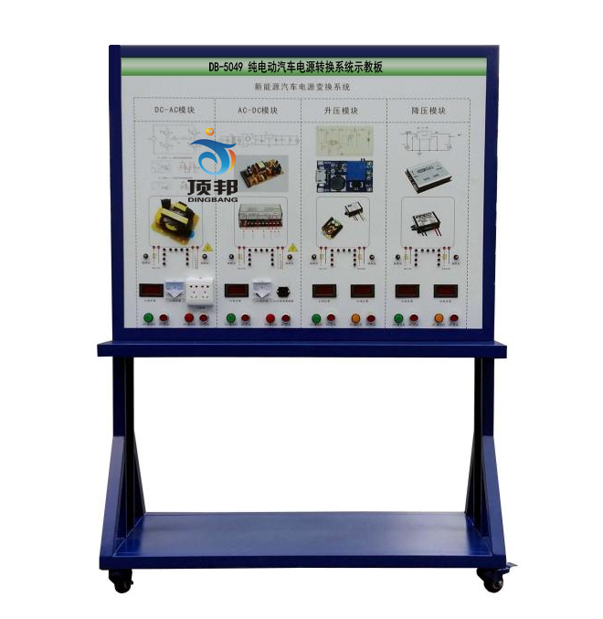 一、功能特点 1. 纯电动汽车电源转换系统示教板完整展示了新能源汽车电源变换系统,可以能搭接DC-AC、AC-DC、升压、降压等电路,展示各系统的结构和控制逻辑。 2.面板采用4mm厚耐腐蚀、耐创击、耐污染、防火、防潮的高级铝塑板,表面经特殊工艺喷涂底漆处理;面板打印有永不褪色的彩色电路图与工作原理示意图;学员可直观对照新能源汽车电源变换结构原理图和实物,认识和分析新能源汽车电源变换系统的工作原理。 3.